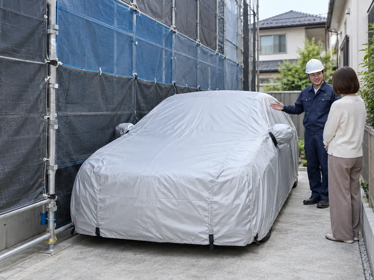 隣家の車へ専用カバーを掛け足場のメッシュを二重にした飛散対策