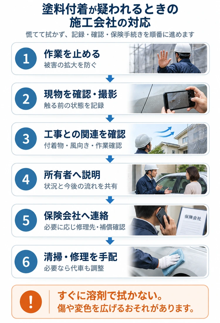 塗料付着が疑われるときに、作業停止から確認・保険・修理まで進める施工会社の対応フロー図