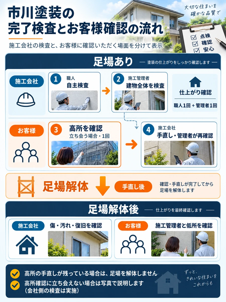 市川塗装の完了検査について、職人の自主検査、施工管理者の建物全体検査、お客様の高所確認、手直し、足場解体後の確認までの流れを示した図