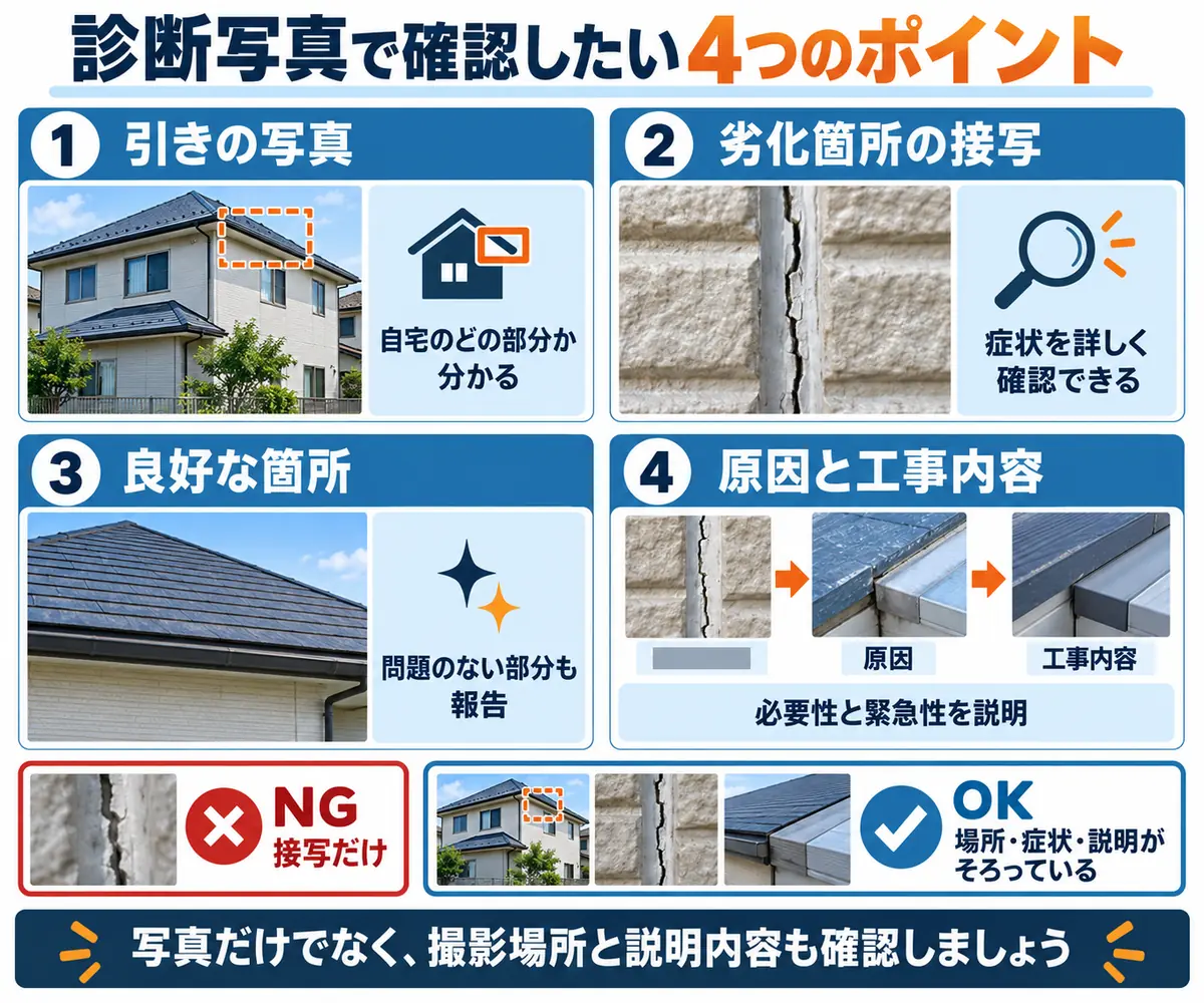 外壁・屋根の診断写真で確認したい引き写真、接写、良好な箇所、説明内容