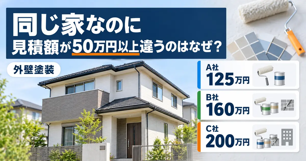 同じ住宅の外壁塗装でA社125万円、B社160万円、C社200万円と見積額が異なる例