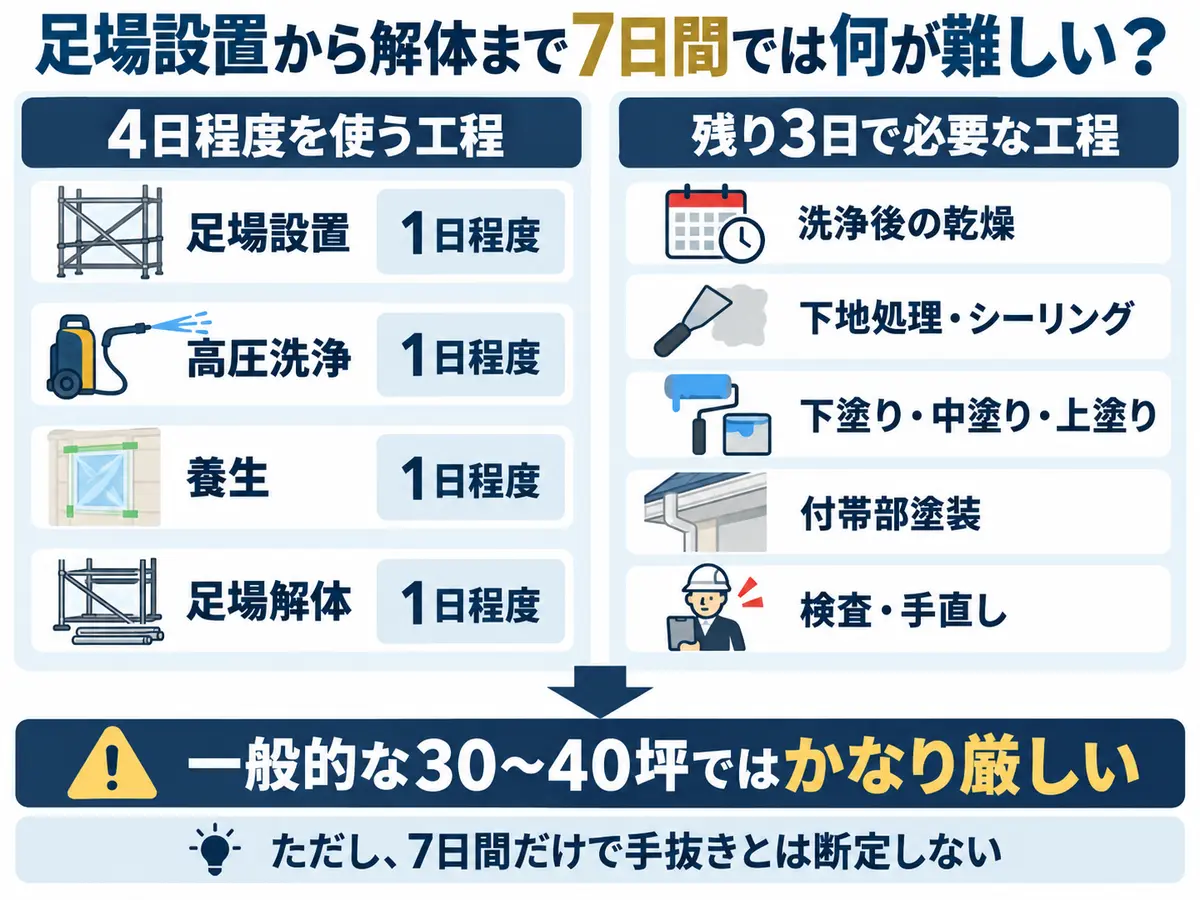 外壁塗装を7日間で終えるのが難しい理由を示した図