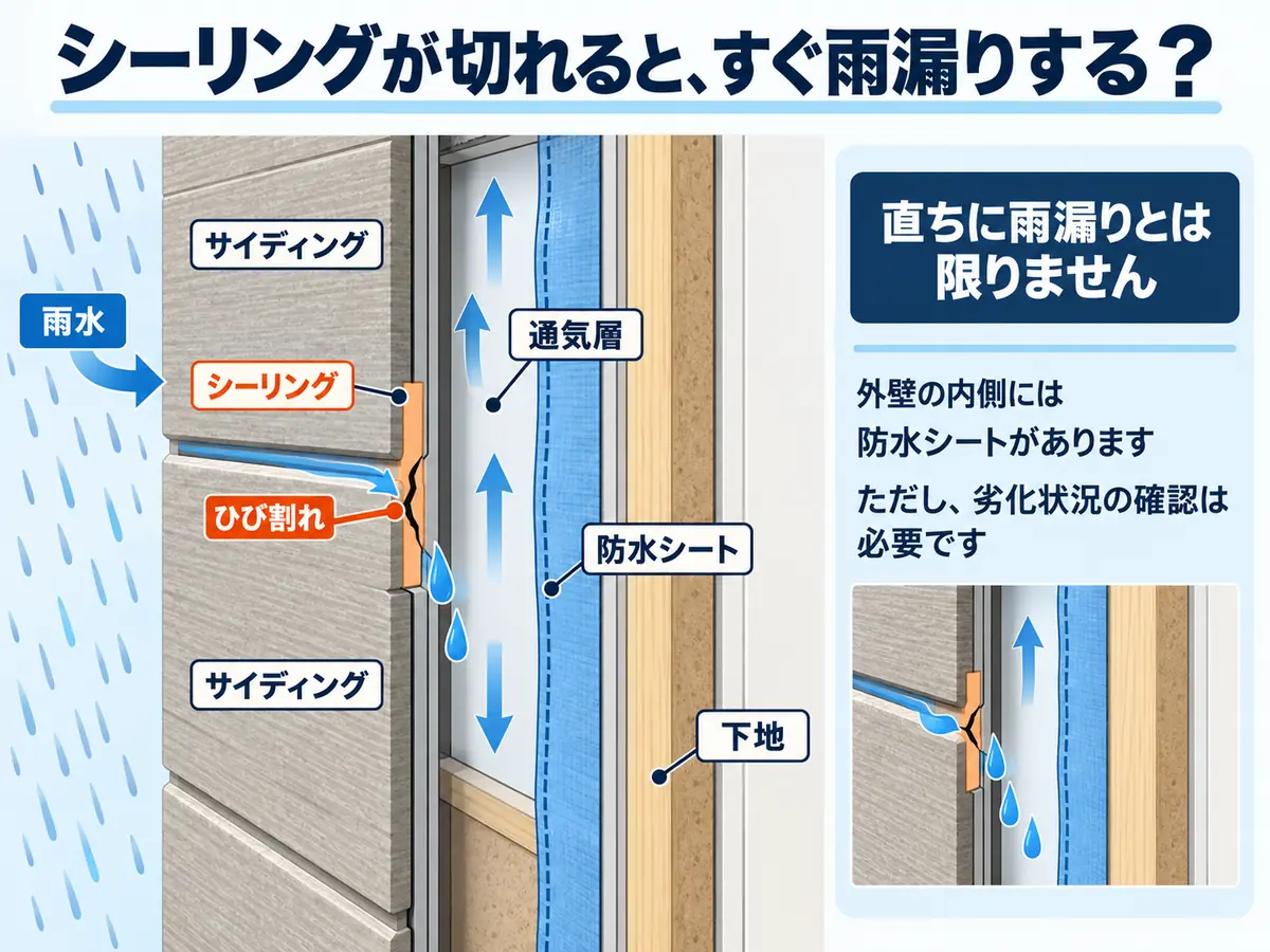 サイディング外壁のシーリングと防水シートの位置関係を示した断面図