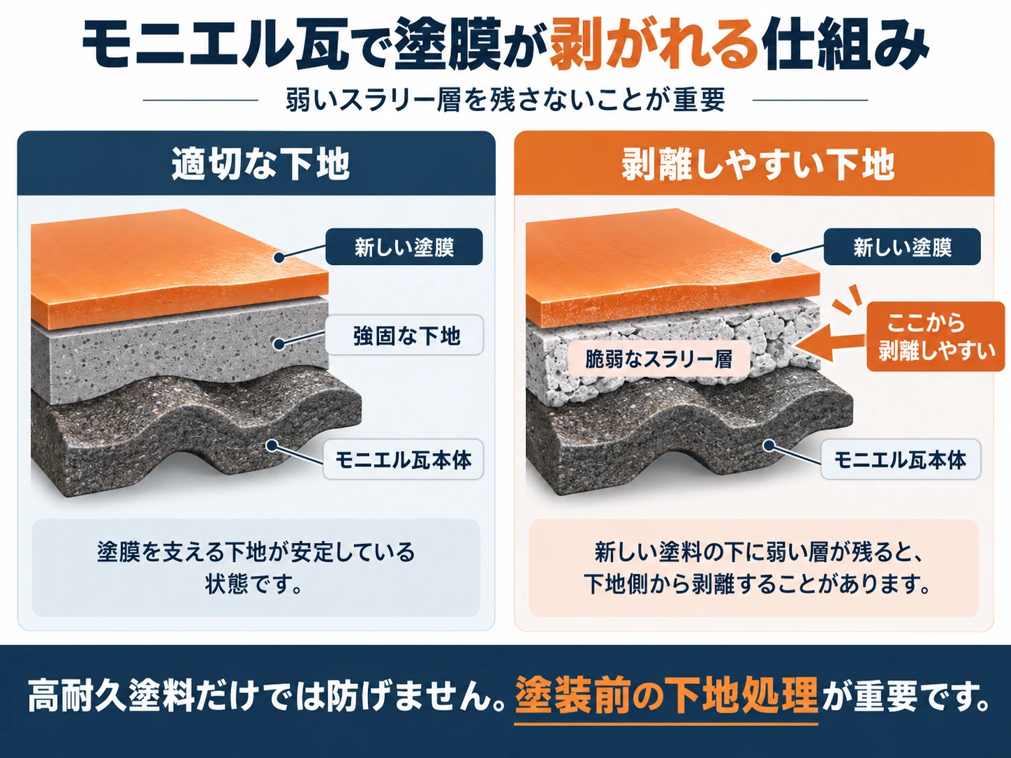 モニエル瓦で塗膜が剥がれる仕組みを、適切な下地と剥離しやすい下地の断面比較で示した図表