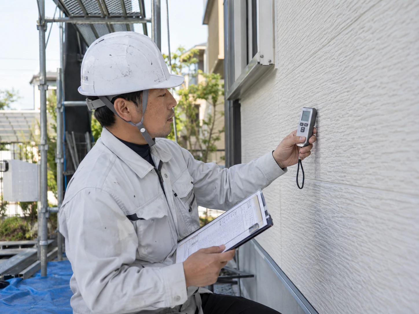 外壁塗装の現場で測定器を使って塗装面の状態を確認する様子