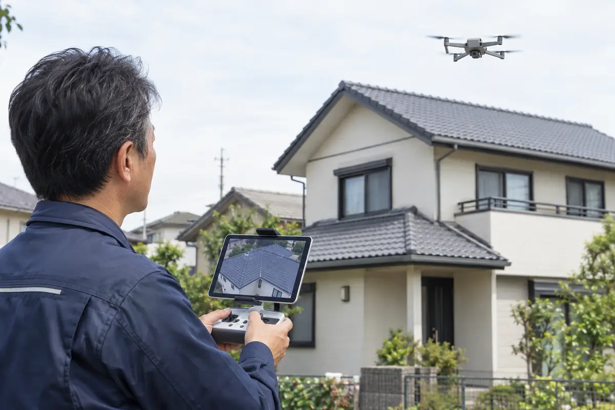 ドローンで屋根を撮影して状態を確認している様子