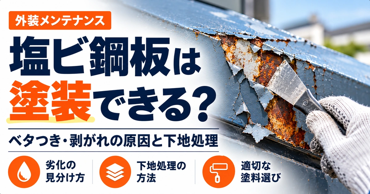 塩ビ鋼板は塗装できる？ベタつき・剥がれの原因と下地処理を解説するアイキャッチ画像。塩ビ被膜の剥離と錆を示すイメージ