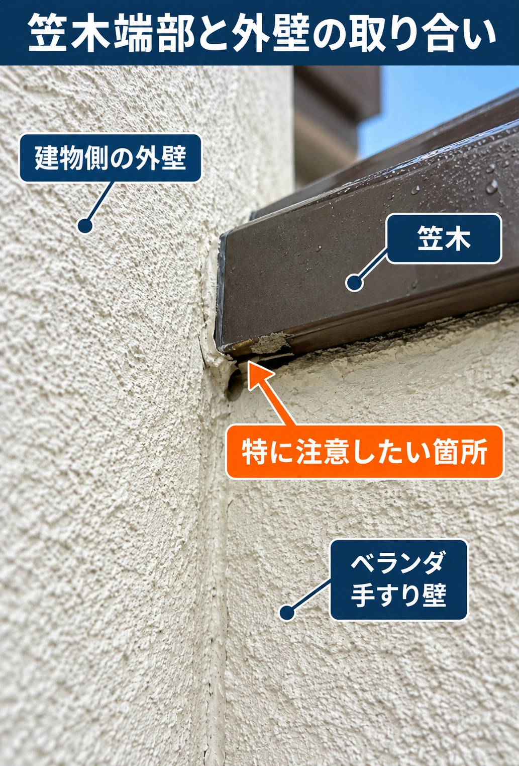 ベランダ笠木端部の下側と建物外壁の取り合いにある隙間を、オレンジ色の矢印で示した説明図