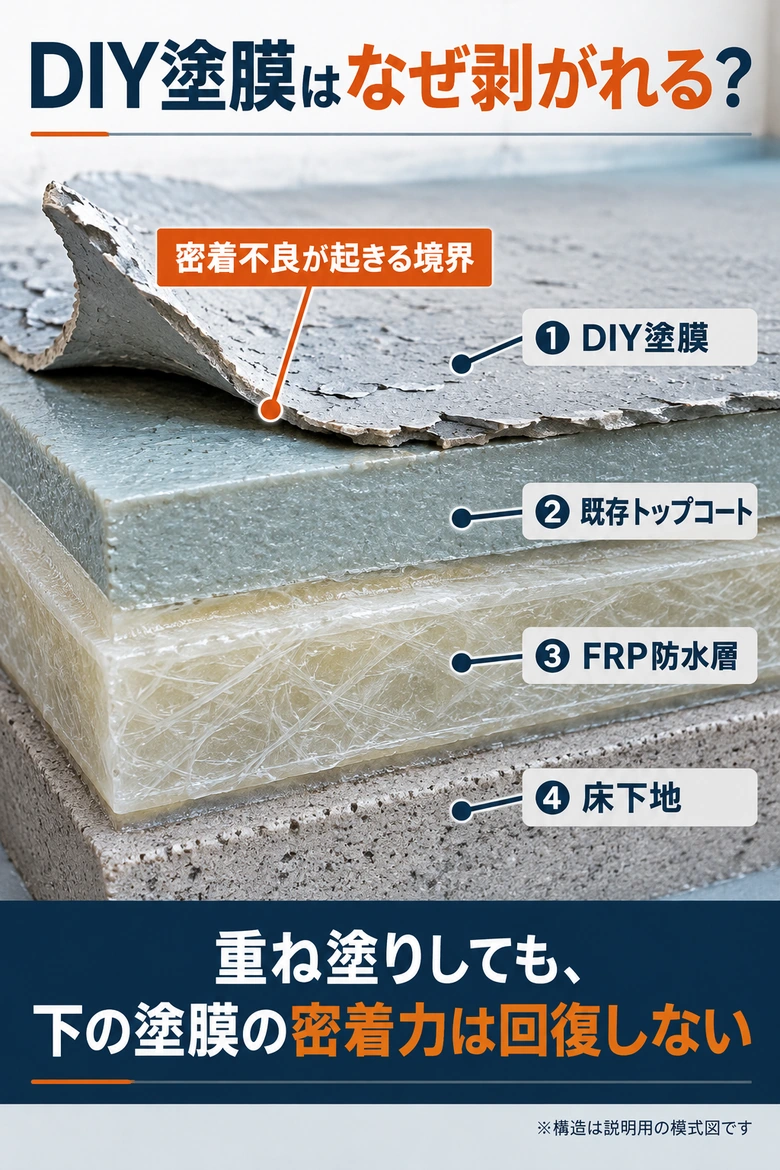 DIY塗膜と既存トップコートの密着不良による剥離位置を示したFRP防水床の模式図