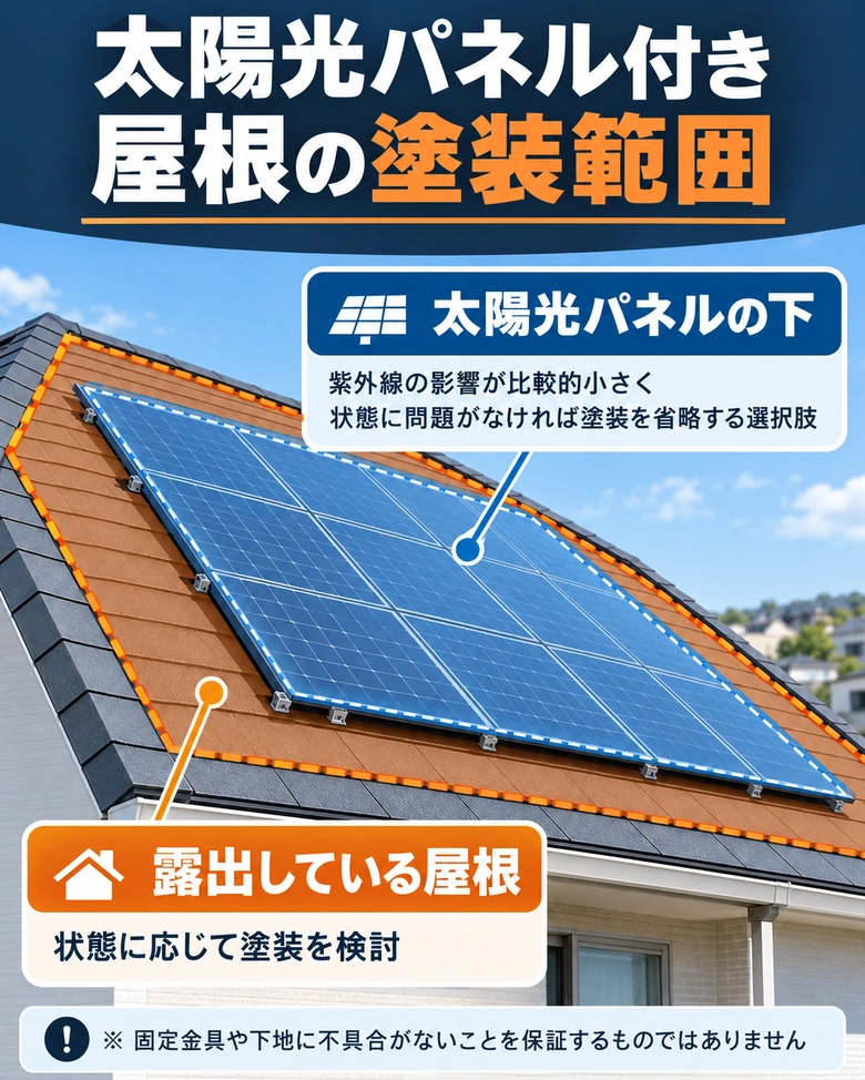 太陽光パネル付きスレート屋根の露出部分と、パネル下の塗装対象外部分を示した説明図