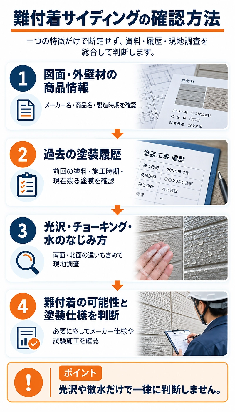 図面と商品情報、過去の塗装履歴、光沢・チョーキング・水の挙動を調べて塗装仕様を総合判断する4段階の図