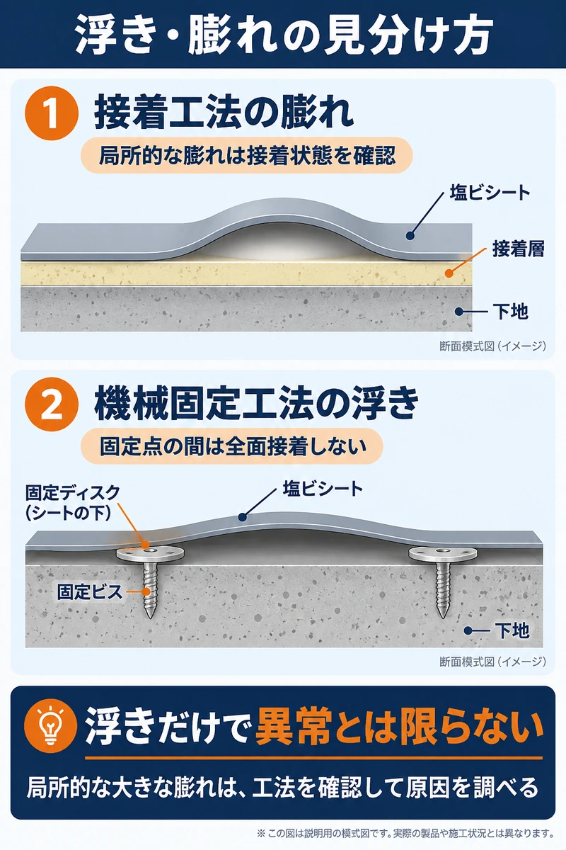 接着工法の局所的な膨れと機械固定工法の構造上の浮きを比較した断面説明図