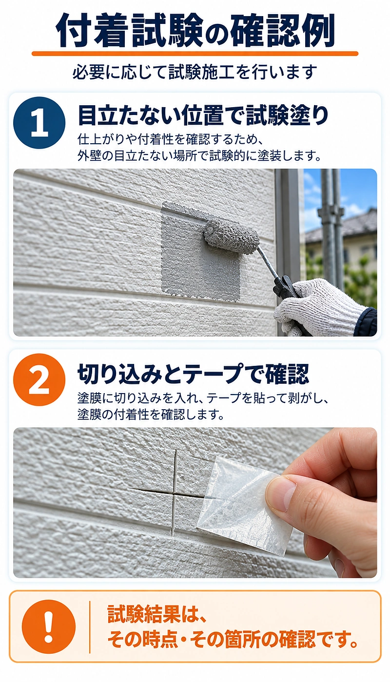 外壁に試験塗りを行い、切り込みとテープで塗膜の付着状態を確認する工程を示した説明画像