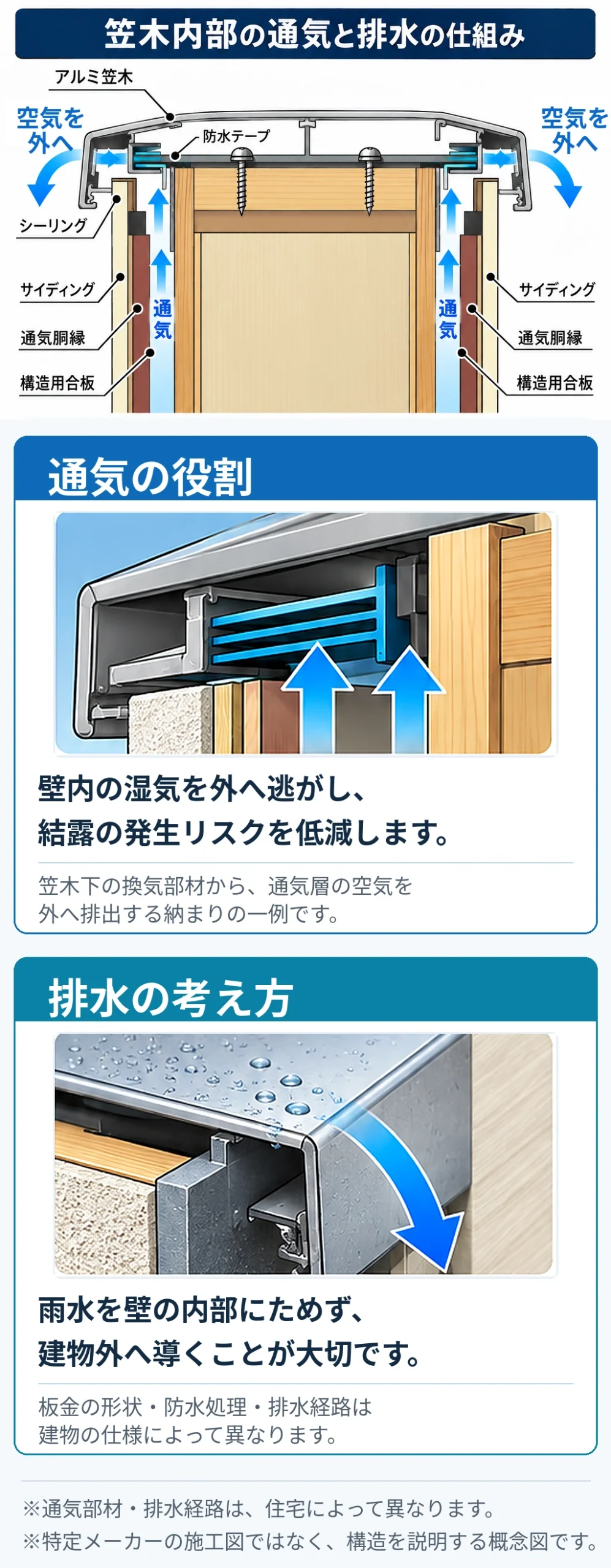 アルミ笠木下の通気経路と雨水を外へ導く仕組みを、通気の役割と排水の考え方に分けて縦1列で示した説明図