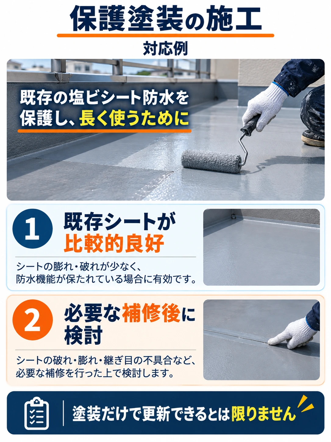 塩ビシート防水の保護塗装と施工前の部分補修の考え方を示す説明用イメージ