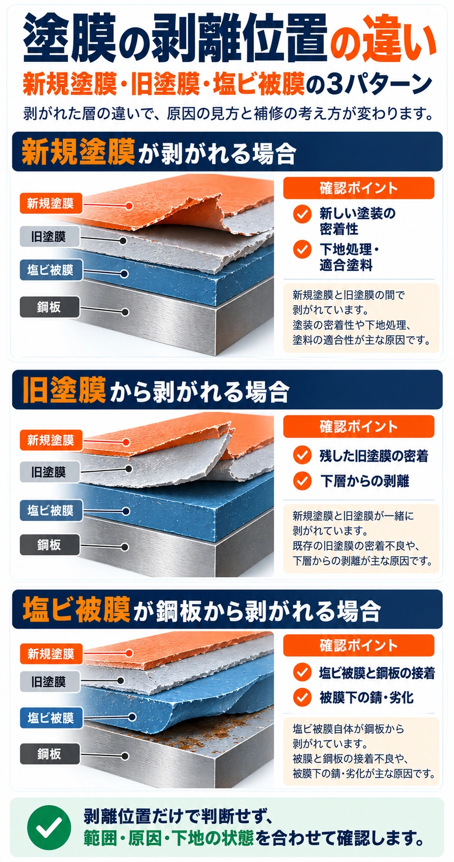 塩ビ鋼板の新規塗膜、旧塗膜、塩ビ被膜の3つの剥離位置を断面図で比較した説明図