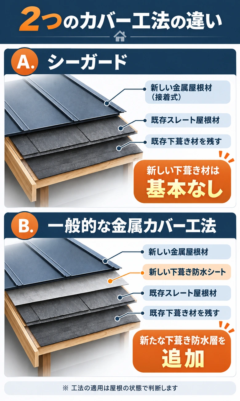 シーガードと一般的な金属屋根カバー工法で新しい下葺き防水シートの有無が異なることを示した断面比較図