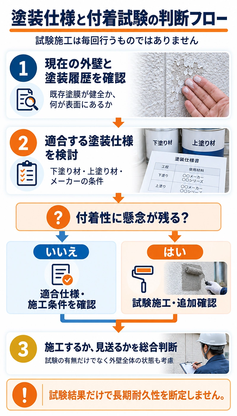 既存外壁と塗装仕様を確認し、付着性への懸念によって試験施工を行うか判断して、最終的な施工可否を決めるフロー図