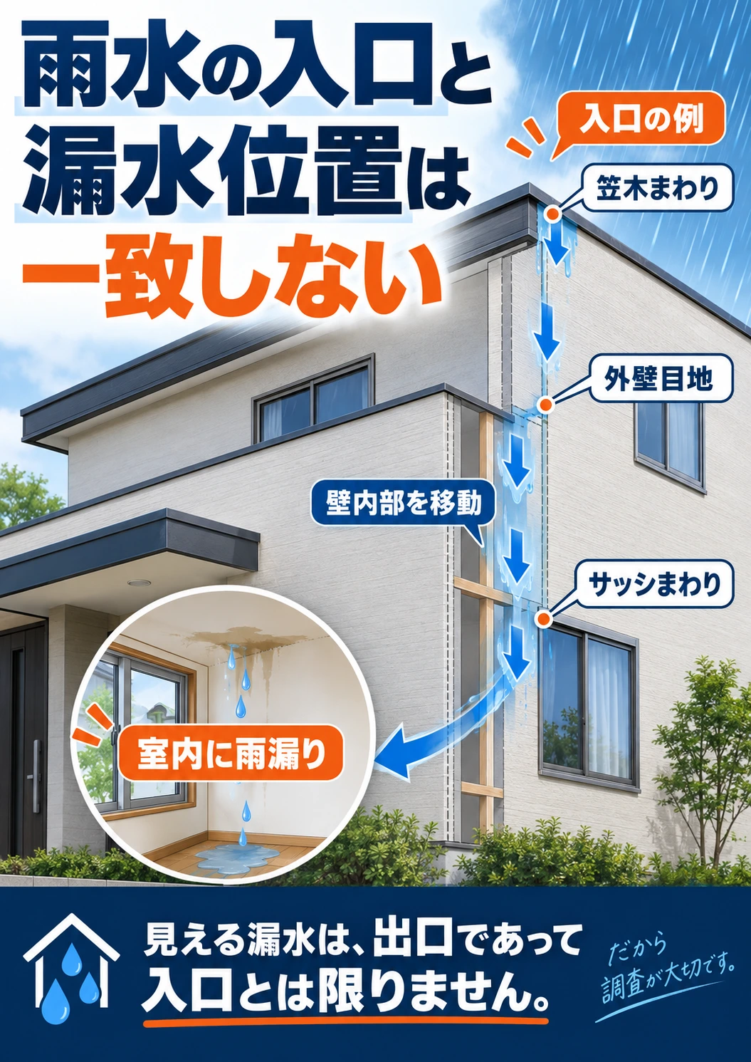 雨水の入口と室内の漏水位置が一致しないことを示す図
