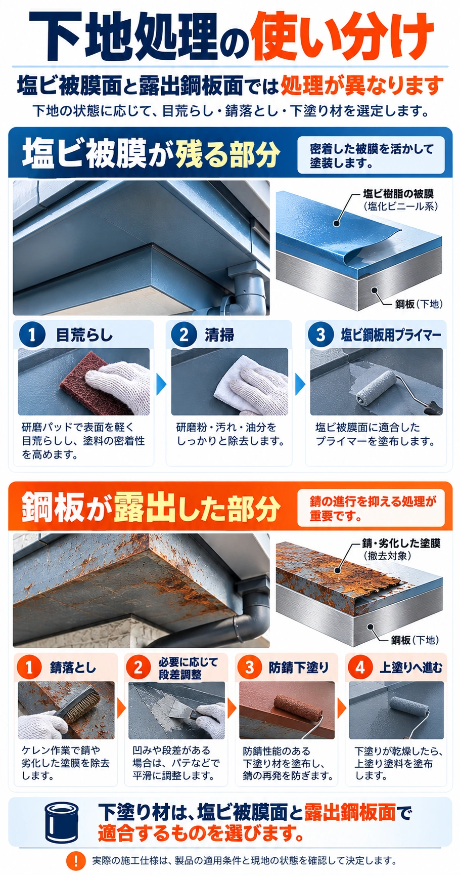 塩ビ被膜が残る部分と鋼板が露出した部分の下地確認、目荒らし、錆落とし、下塗り材選定の違いを説明した図