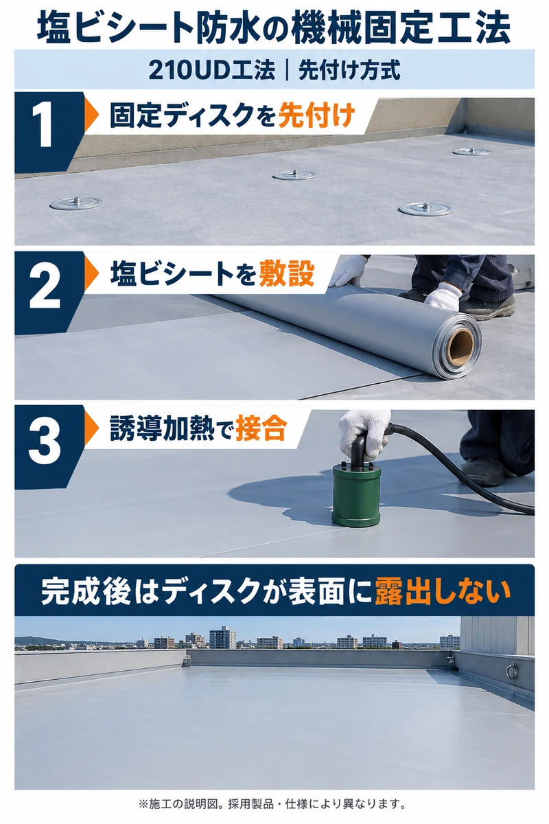 塩ビシート防水の210UD工法で固定ディスクを先に設置し、シート敷設後に誘導加熱で接合する工程の説明図