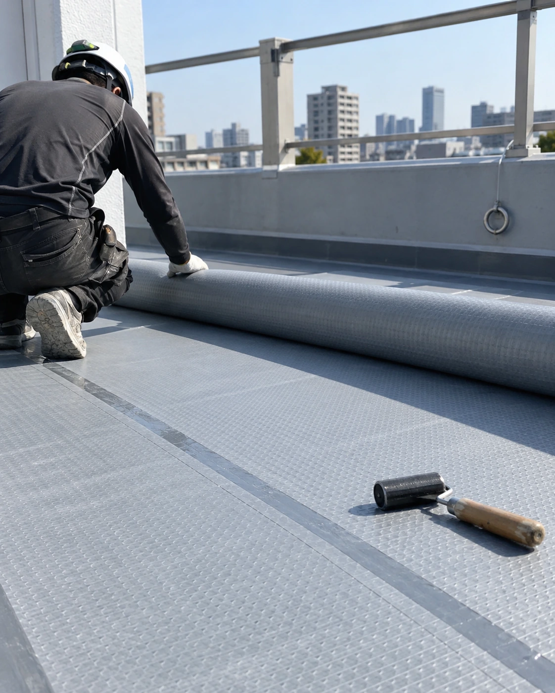 屋上で通気緩衝シートを敷設する防水工事の再現イメージ