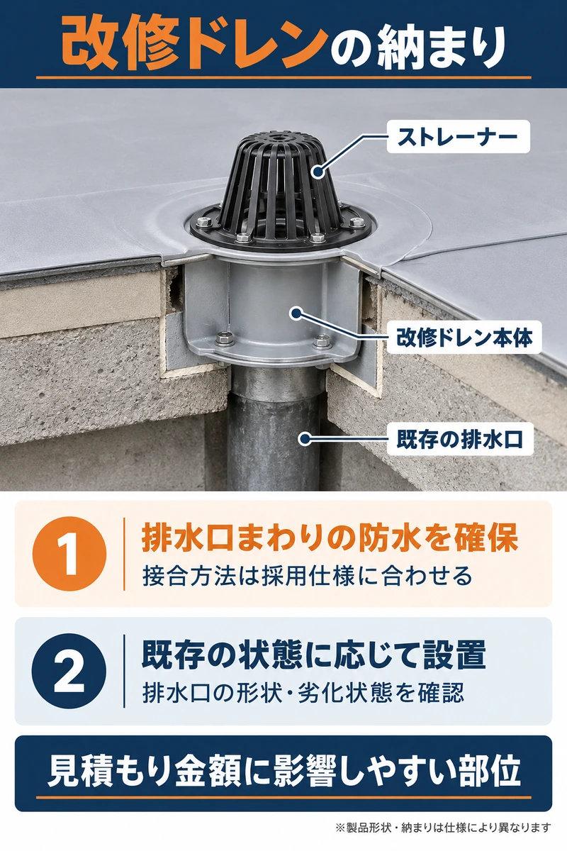 塩ビシート防水の改修ドレン本体とストレーナー及び既存排水口を示す説明図