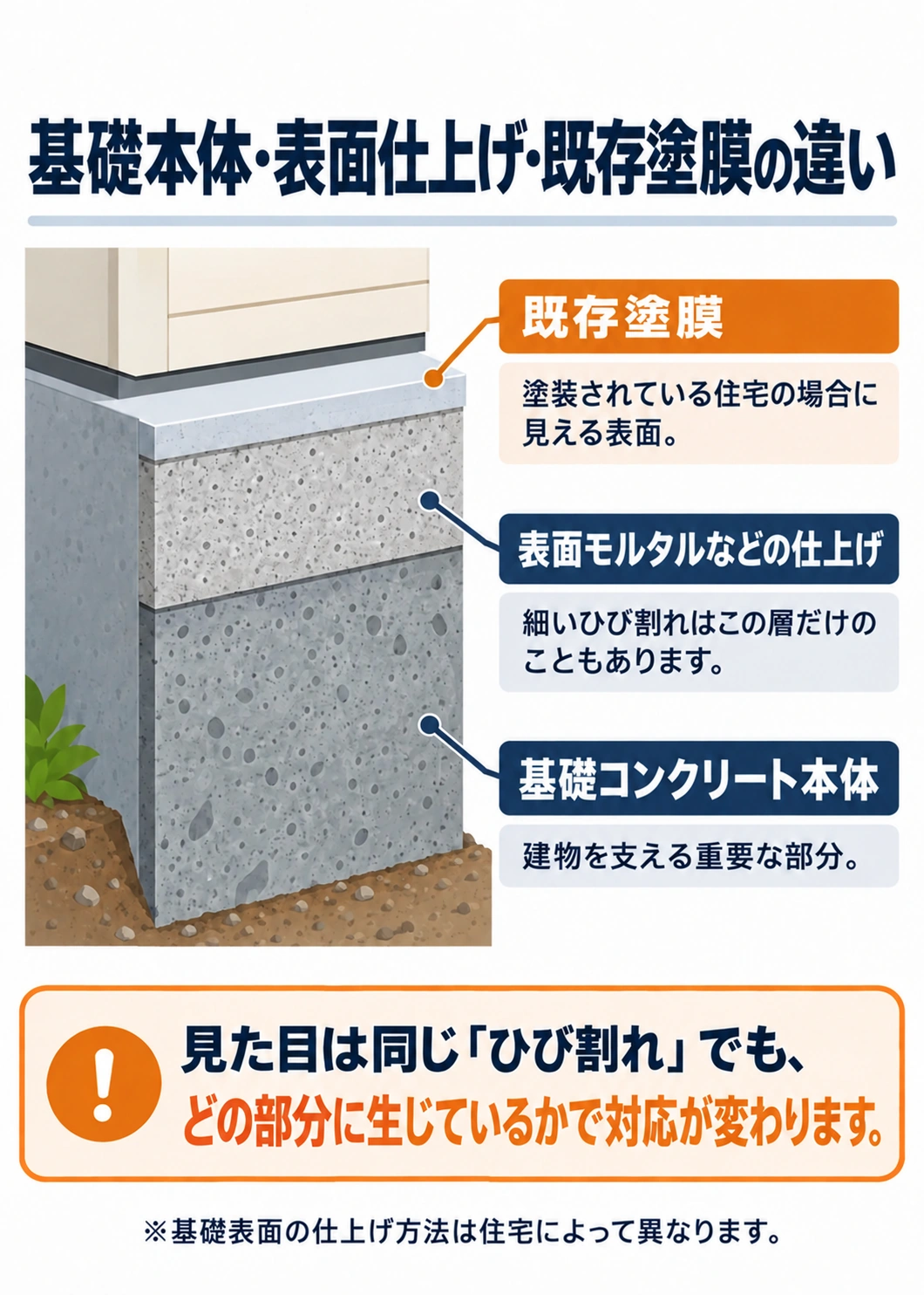 基礎コンクリート本体・表面モルタルなどの仕上げ・既存塗膜の違いを示した図