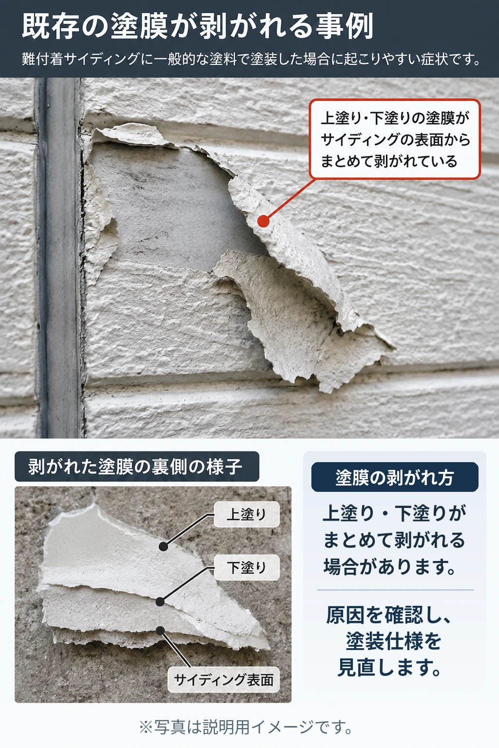 上塗りと下塗りの塗膜がサイディング表面からまとめて剥がれる様子と、剥がれた塗膜の裏側を示した説明画像
