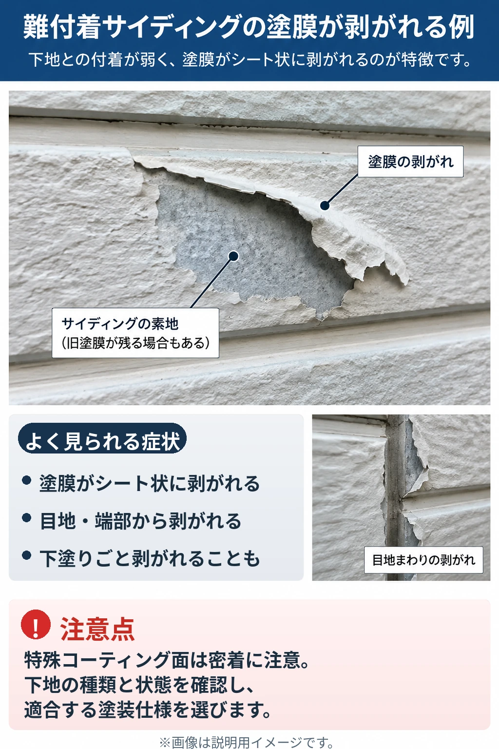 窯業系サイディングの塗膜がシート状に剥がれ、素地が露出した状態と目地まわりの剥離を示す説明画像