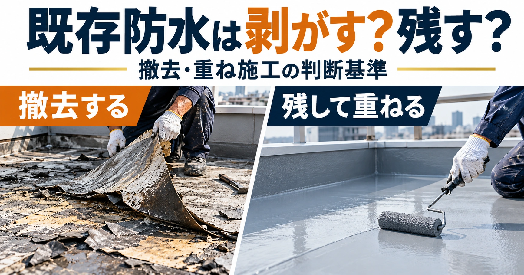 既存防水を撤去する方法と、残して新しい防水層を重ね施工する方法の比較イメージ