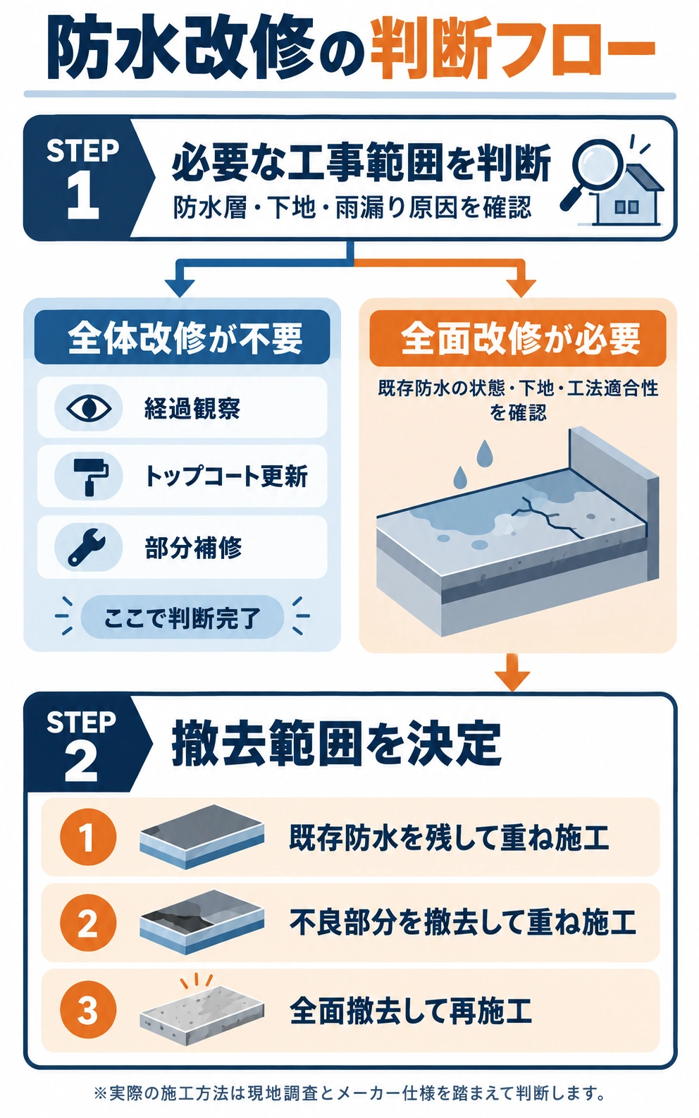 防水層と下地を調査し、全面改修が必要な場合に既存防水の重ね施工・部分撤去・全面撤去を判断するフロー図